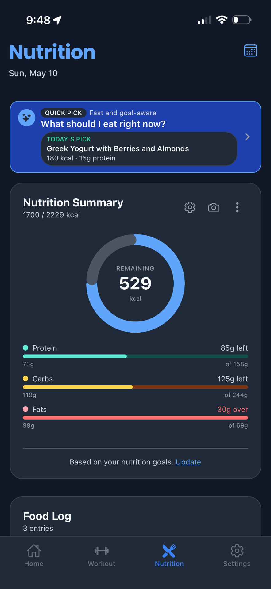 Luma nutrition screen